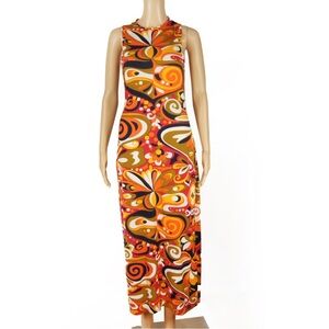 Vintage 60s Mod Hippie Boho Paisley Sleeveless Side Slit Long Maxi Dress